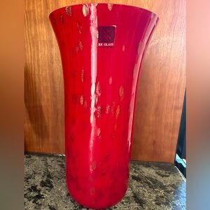 EUC 10” Tall BX Glass Red/Gold Art Vase Unique 5 1/4”top & 4” base diameters